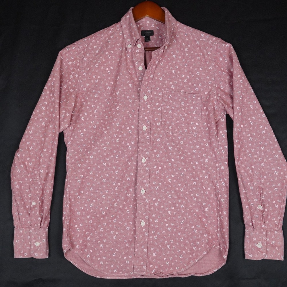J Crew Anchor Print Shirt Mens XS Pink White Nautical Button Down 100% Cotton